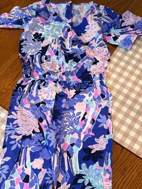 Lilly Pulitzer Girls Blue Floral Print Romper with Pink & purple accents
